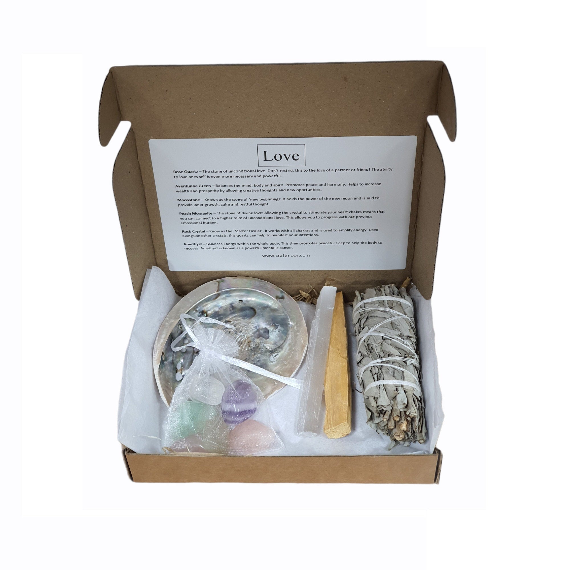 Crystal and Smudge Gift Sets - Love, Well-being, Fertility, Grief, Sleep, New Home, Happiness, Prosperity, Anxiety