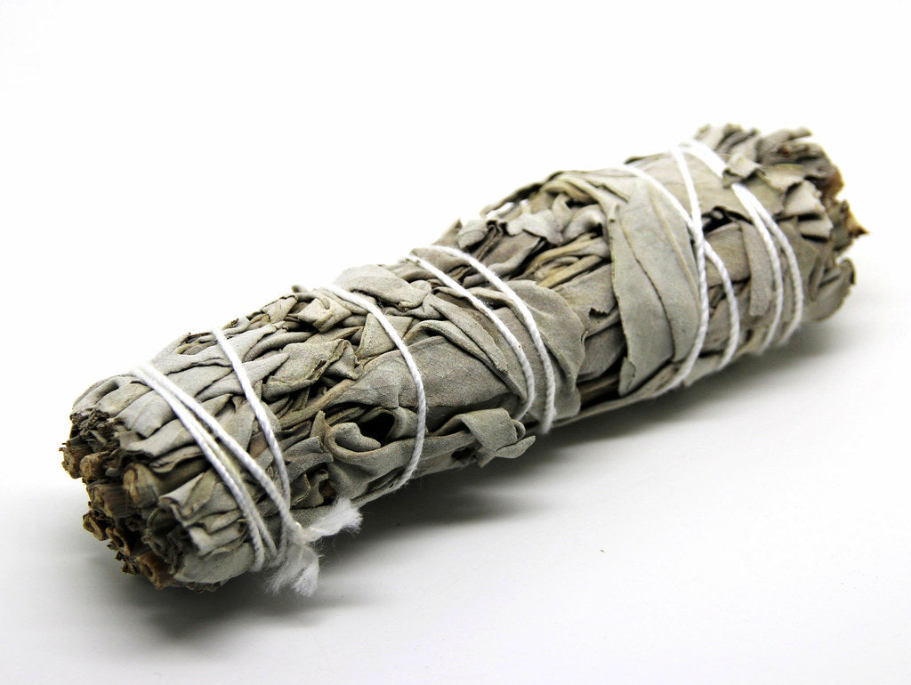 4 inch long dried white sage smudge sticks held together with cotton yarn