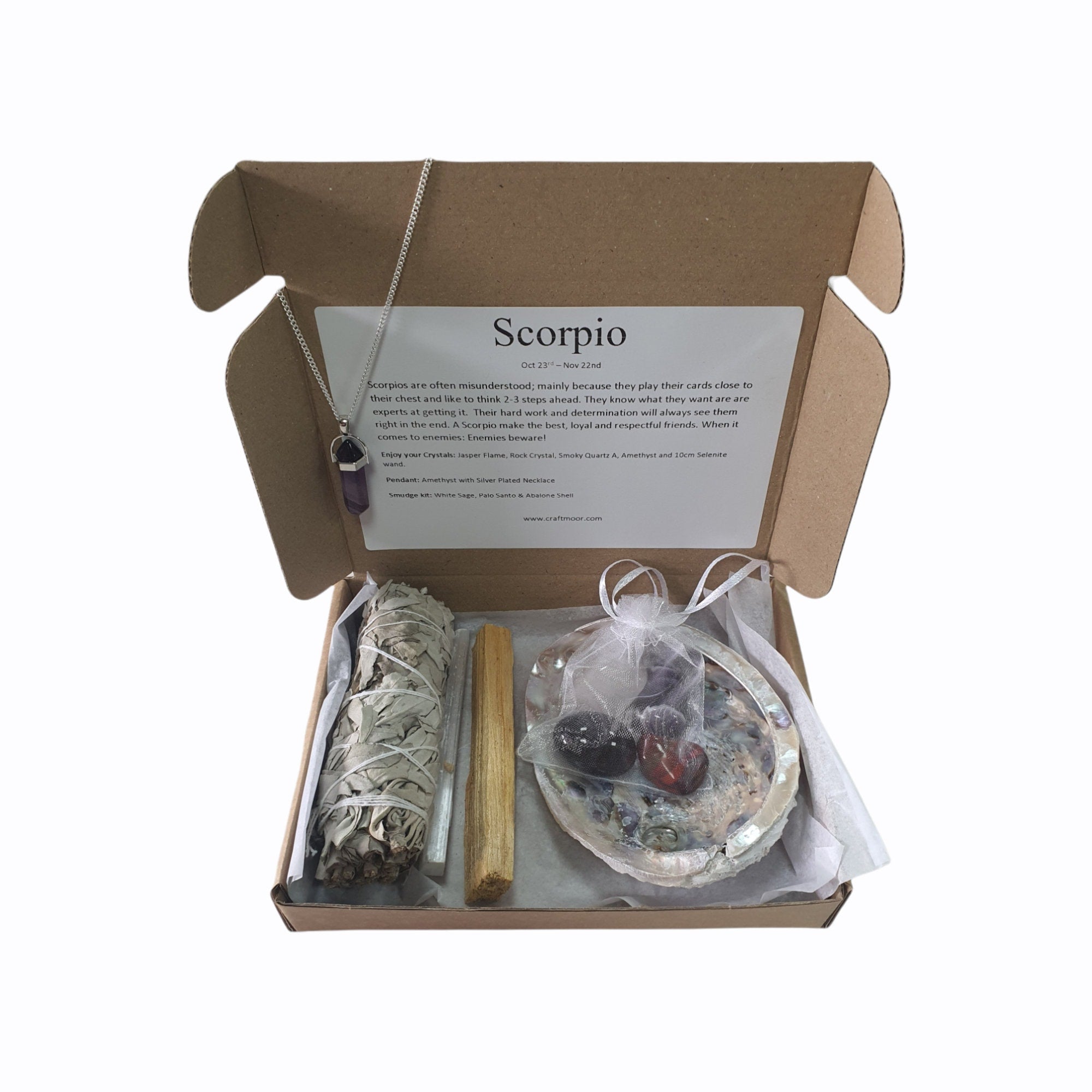 Scorpio Zodiac Crystals, Pendant & Smudge Gift Set