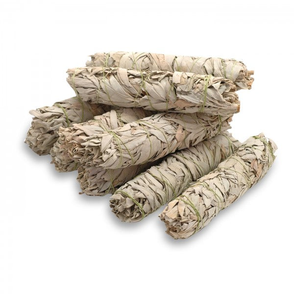 8 inch long dried white sage smudge stick held together with cotton yarn