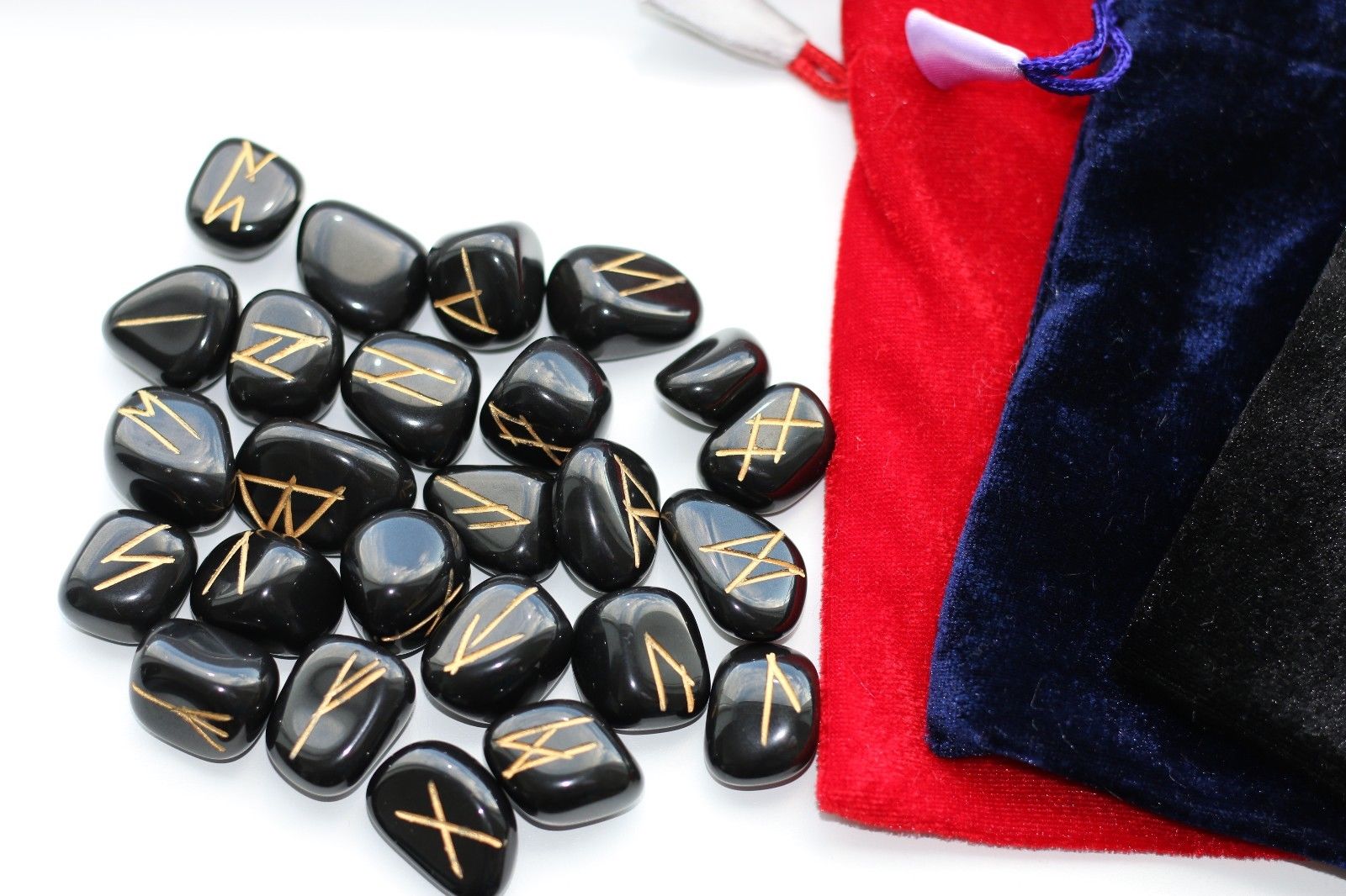 Natural Rune Stones Sets - Velvet Bag 25 Stones Gold Markings Divination