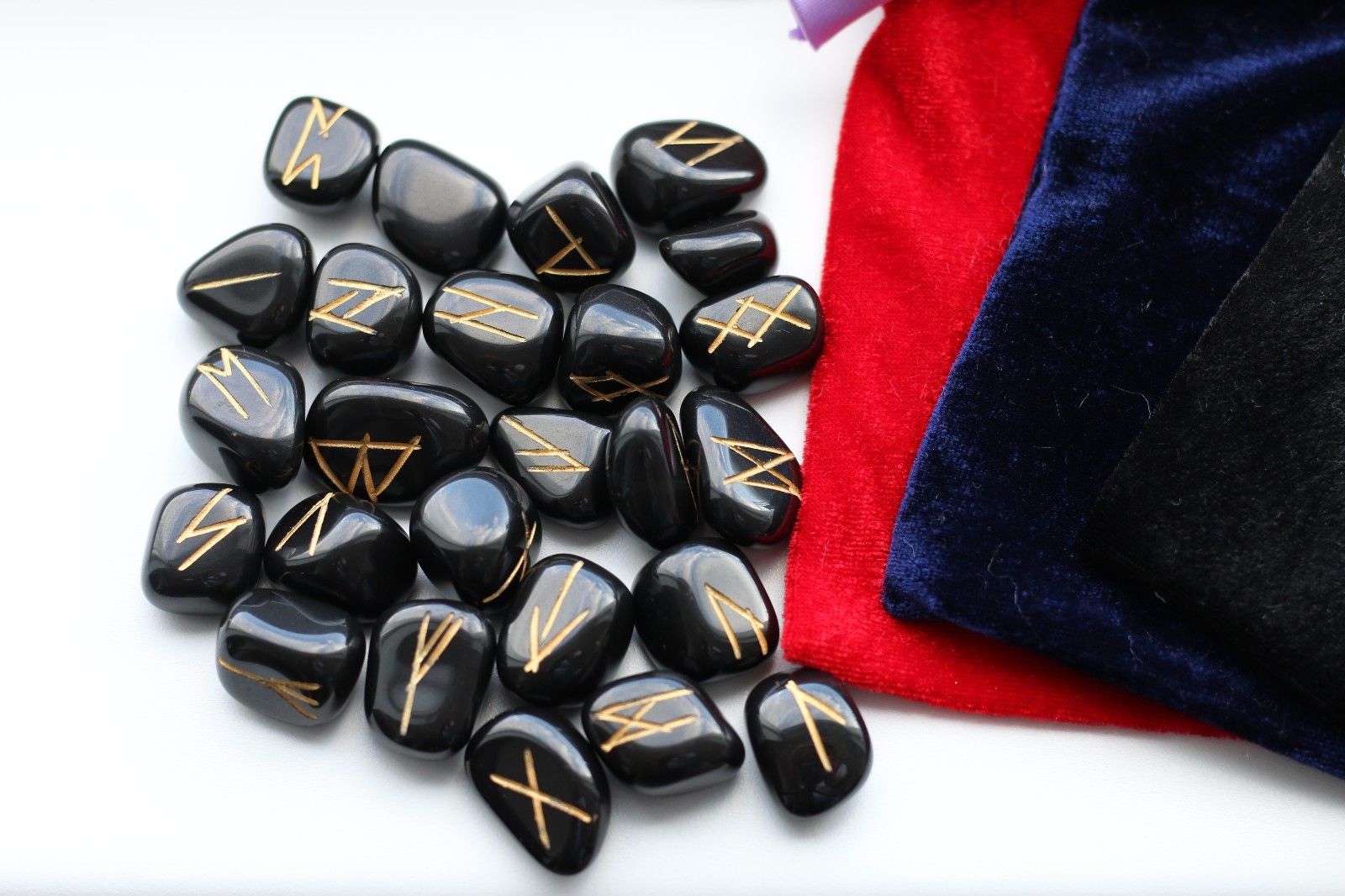 Natural Rune Stones Sets - Velvet Bag 25 Stones Gold Markings Divination