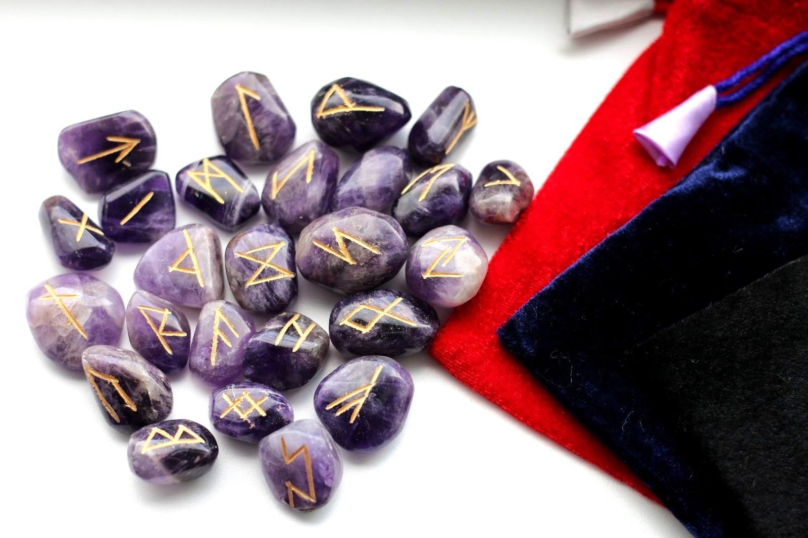 Natural Rune Stones Sets - Velvet Bag 25 Stones Gold Markings Divination