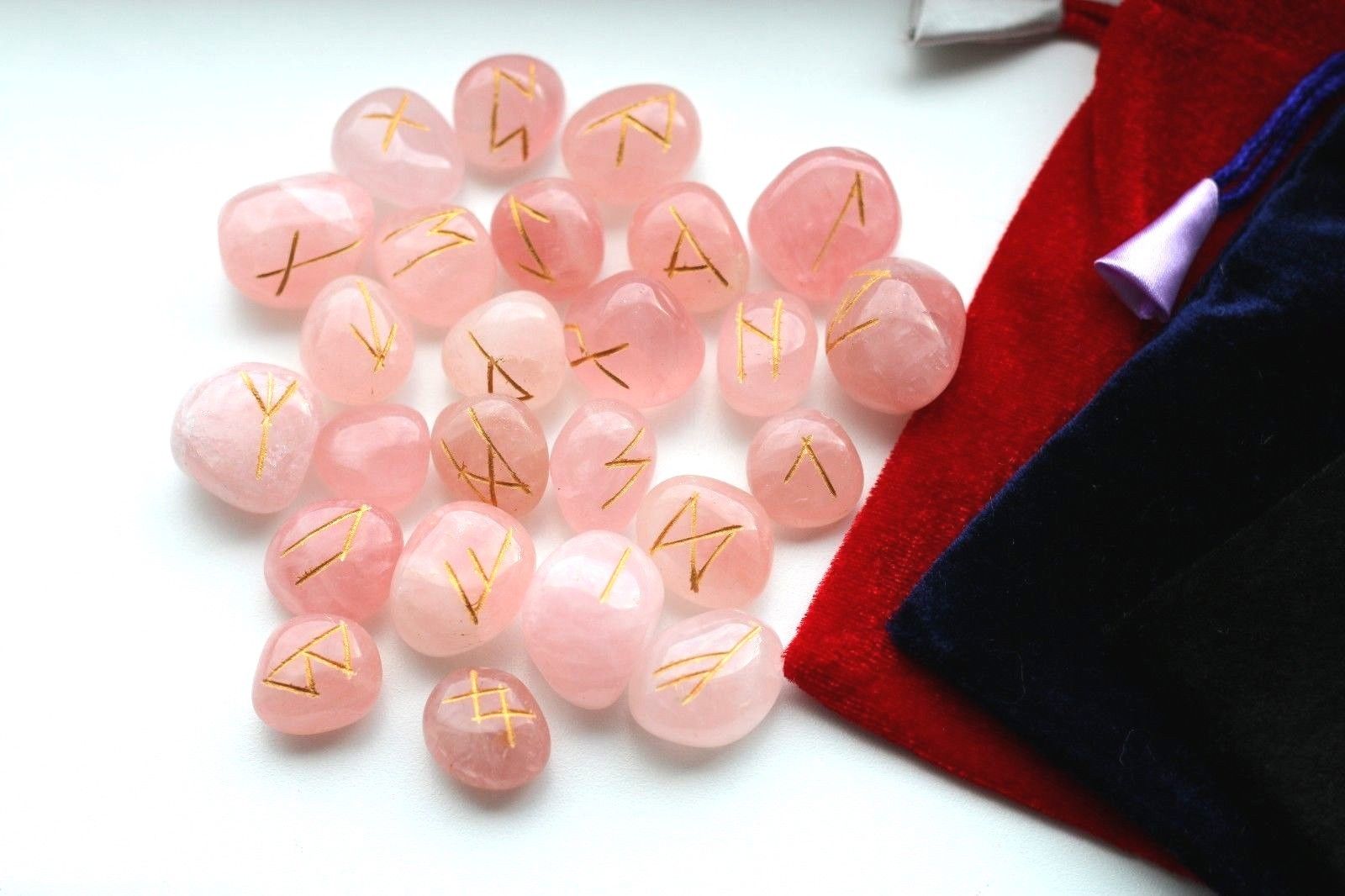 Natural Rune Stones Sets - Velvet Bag 25 Stones Gold Markings Divination