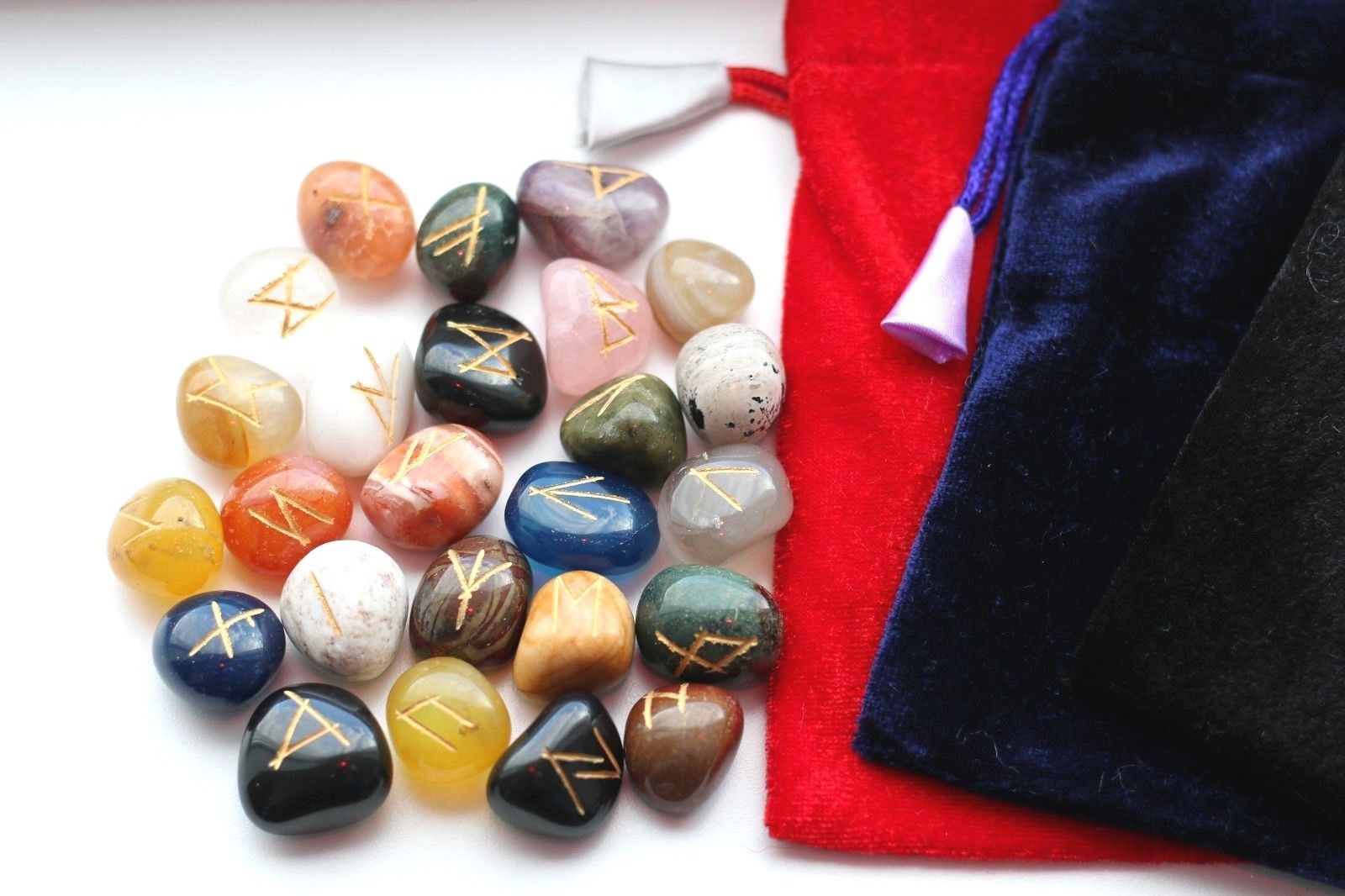 Natural Rune Stones Sets - Velvet Bag 25 Stones Gold Markings Divination