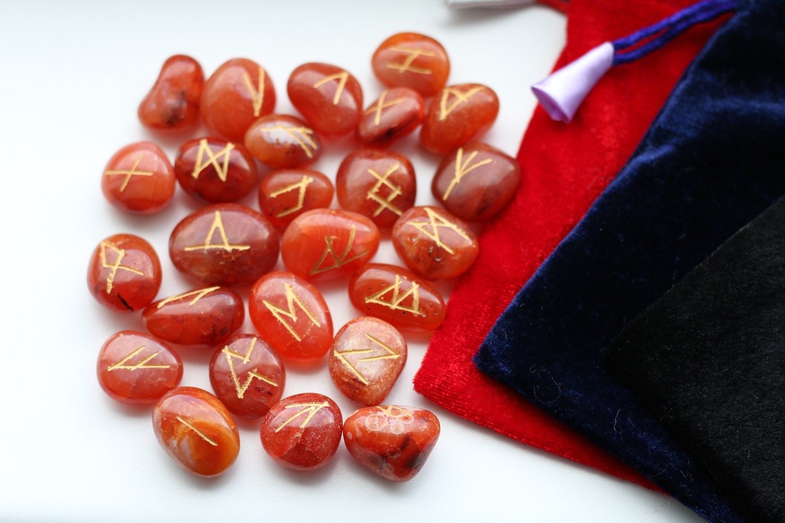 Natural Rune Stones Sets - Velvet Bag 25 Stones Gold Markings Divination