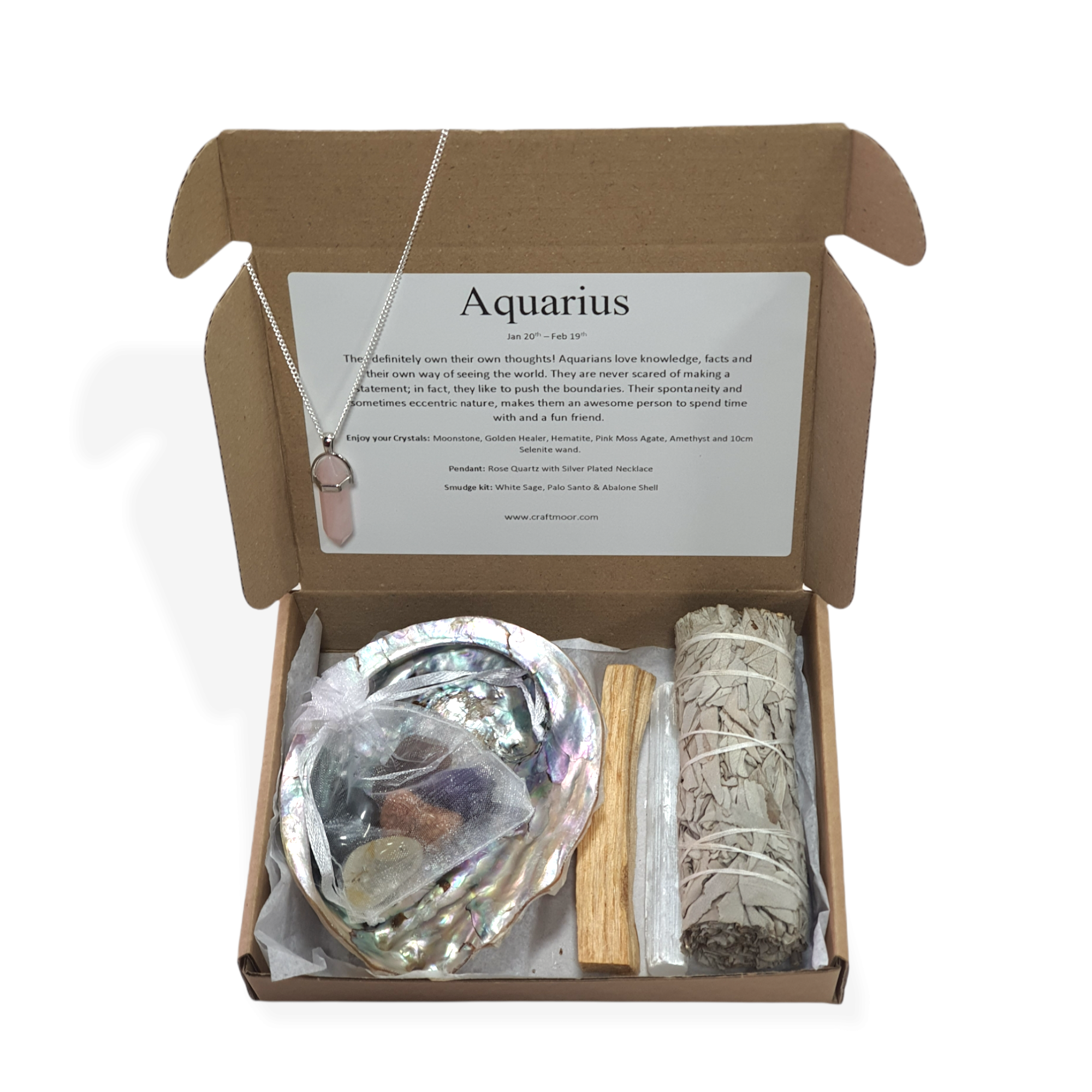 Aquarius Zodiac Crystals, Pendant & Smudge Gift Set