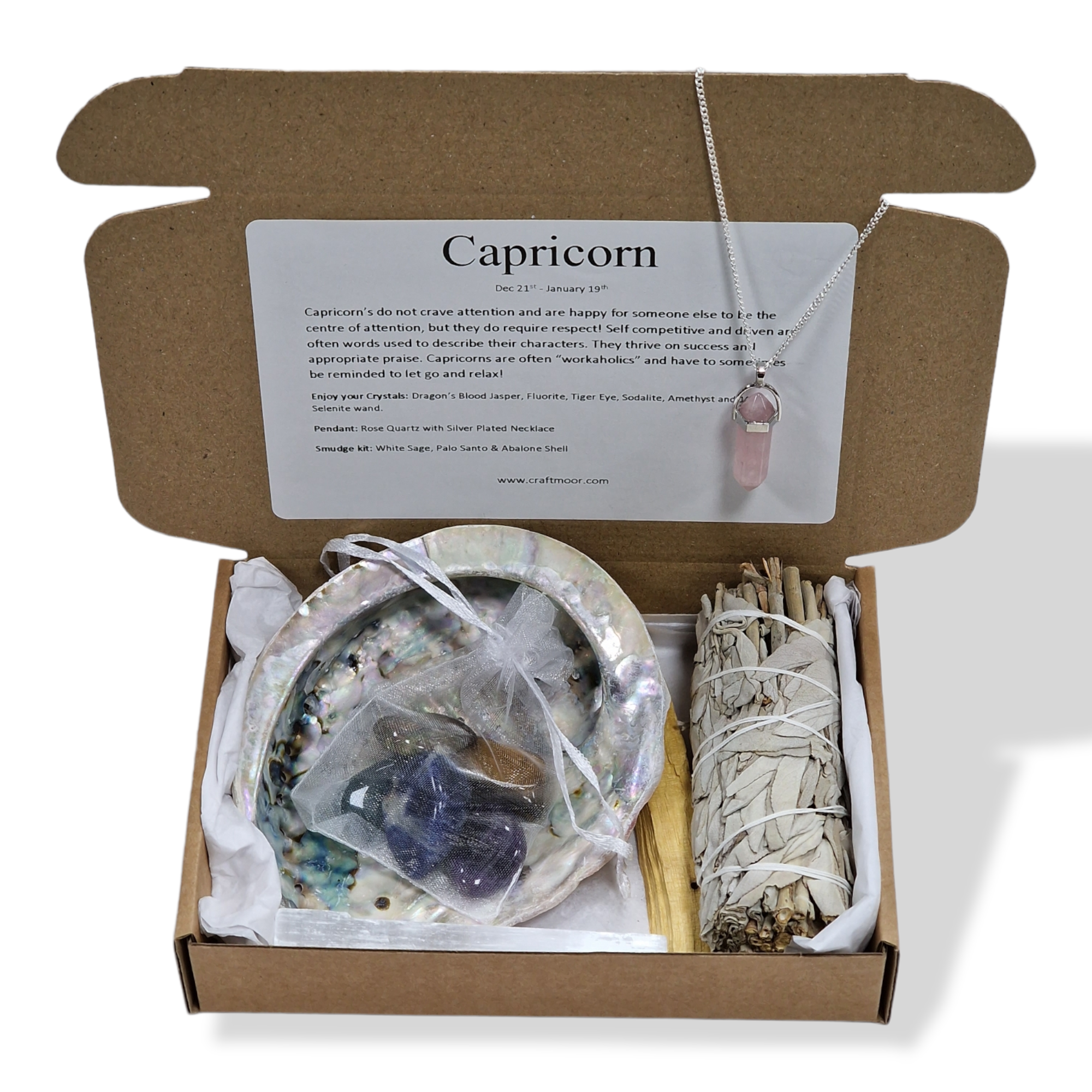 Capricorn Zodiac Crystals, Pendant & Smudge Gift Set