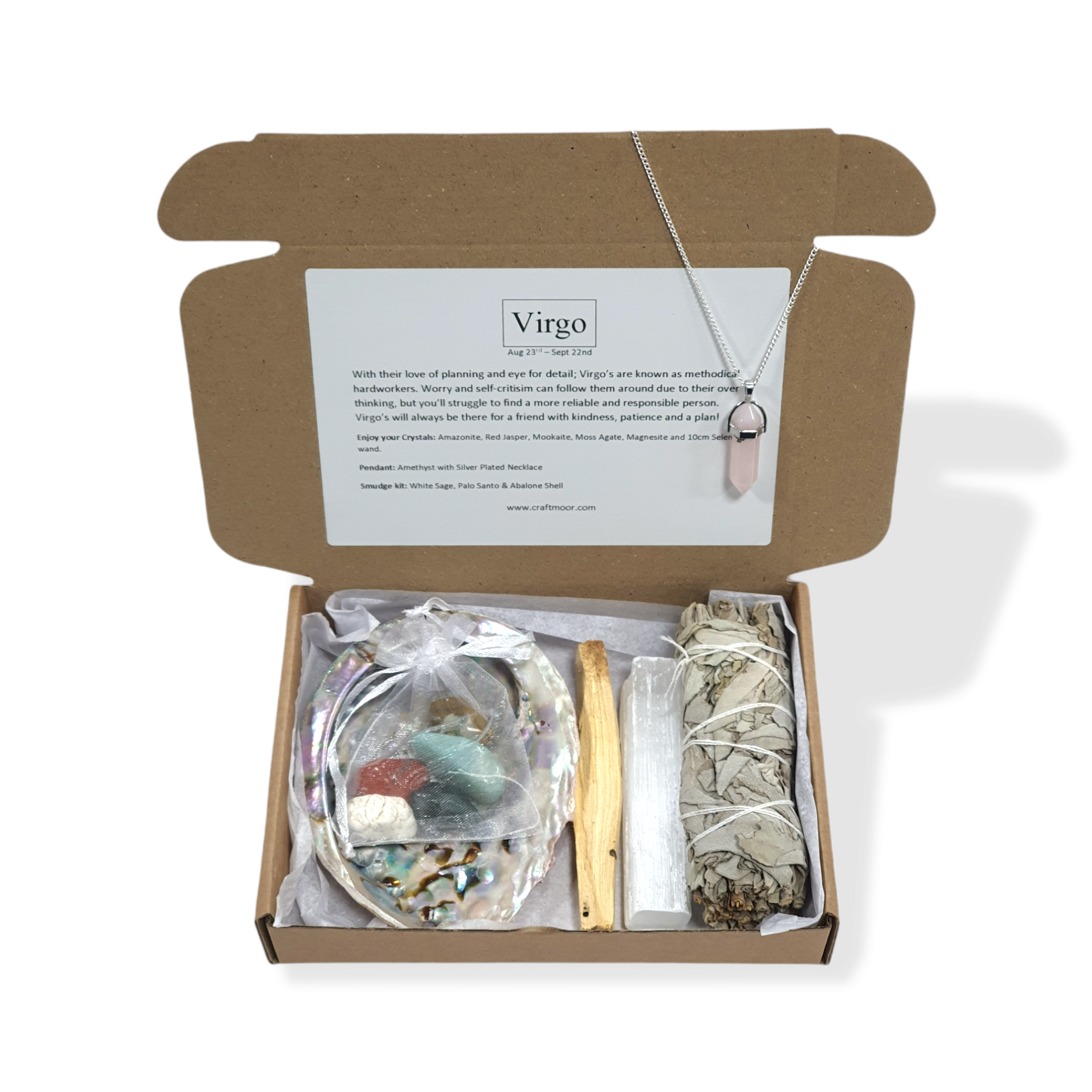 Virgo Zodiac Crystals, Pendant & Smudge Gift Set