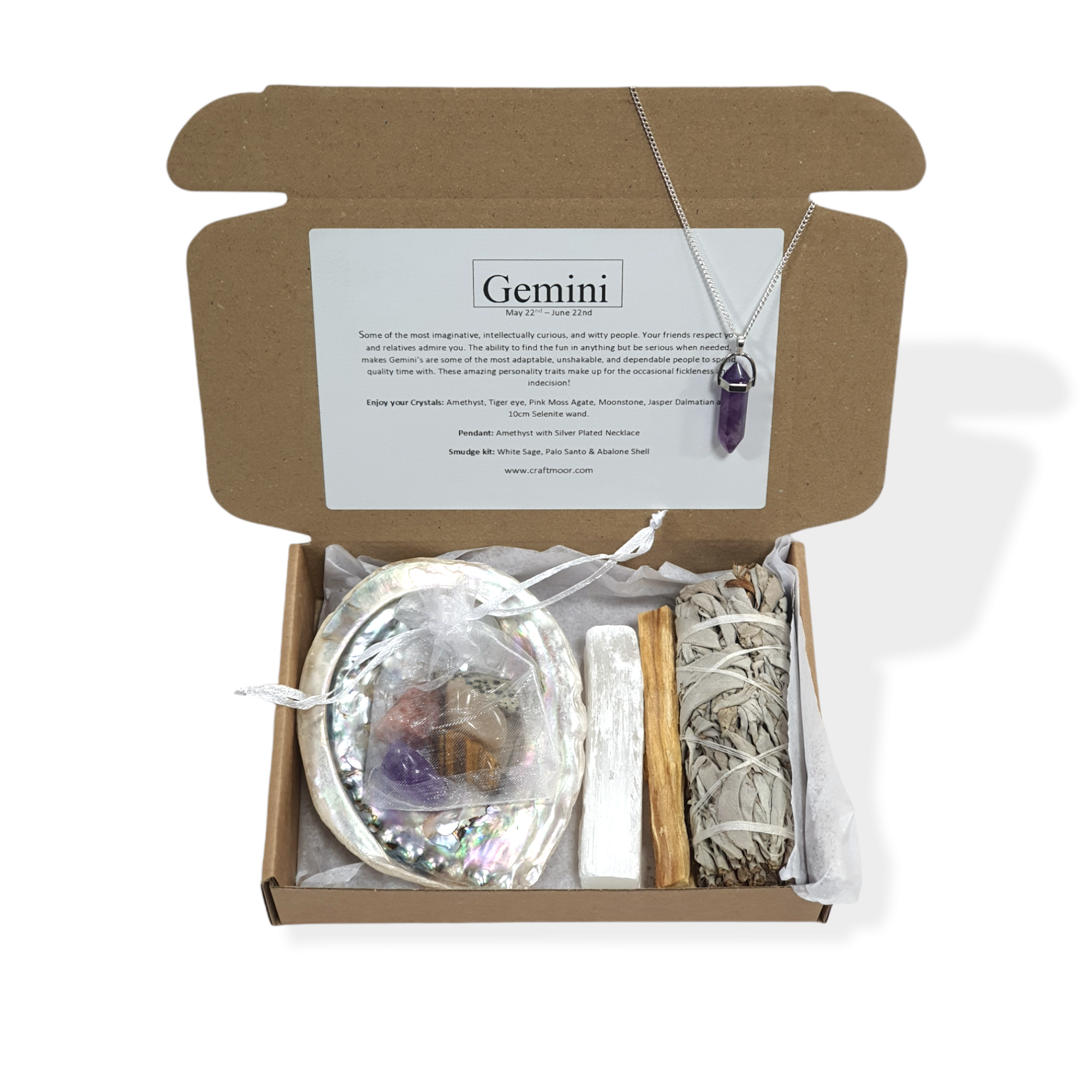 Gemini Zodiac Crystals, Pendant & Smudge Gift Set