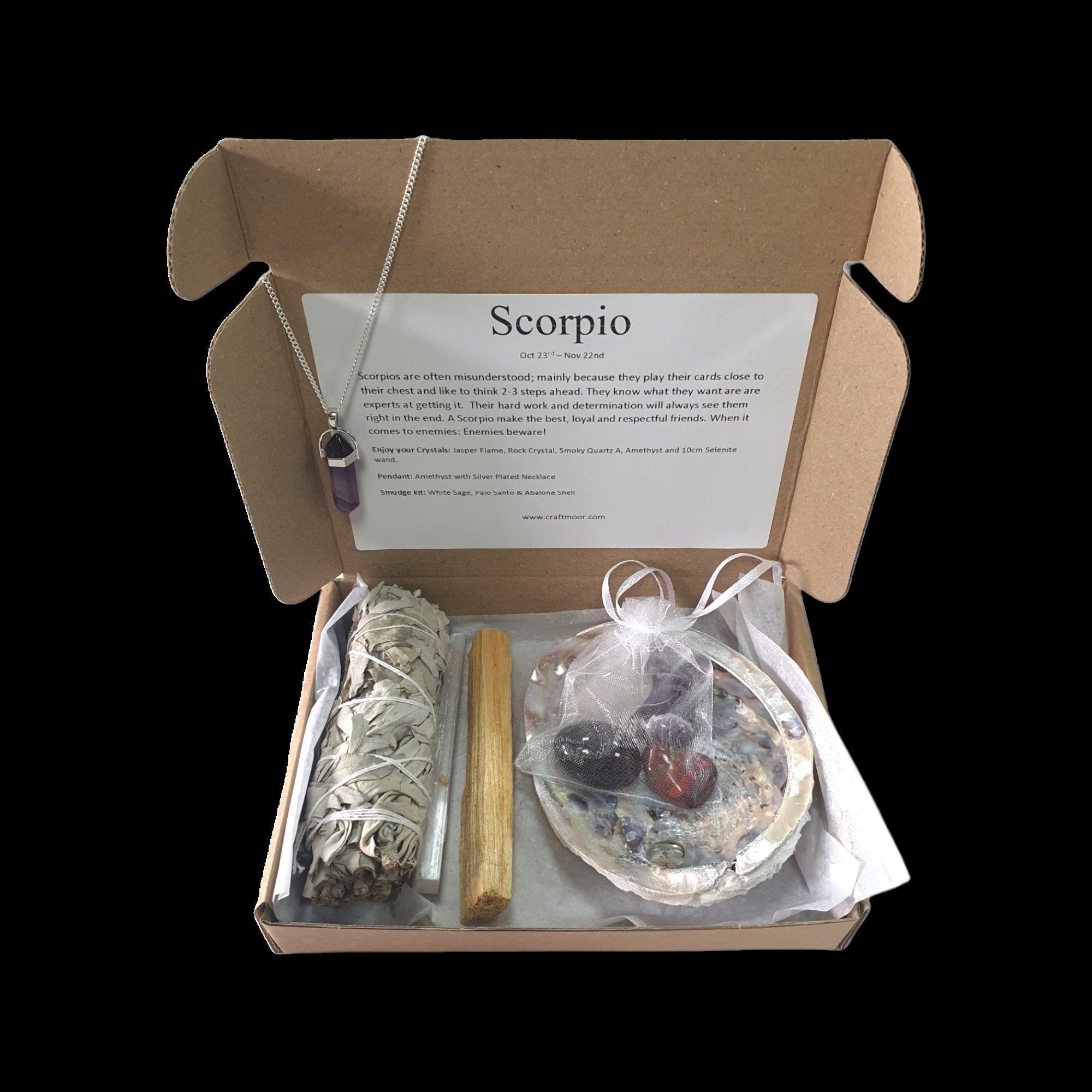 Scorpio Zodiac Crystals, Pendant & Smudge Gift Set