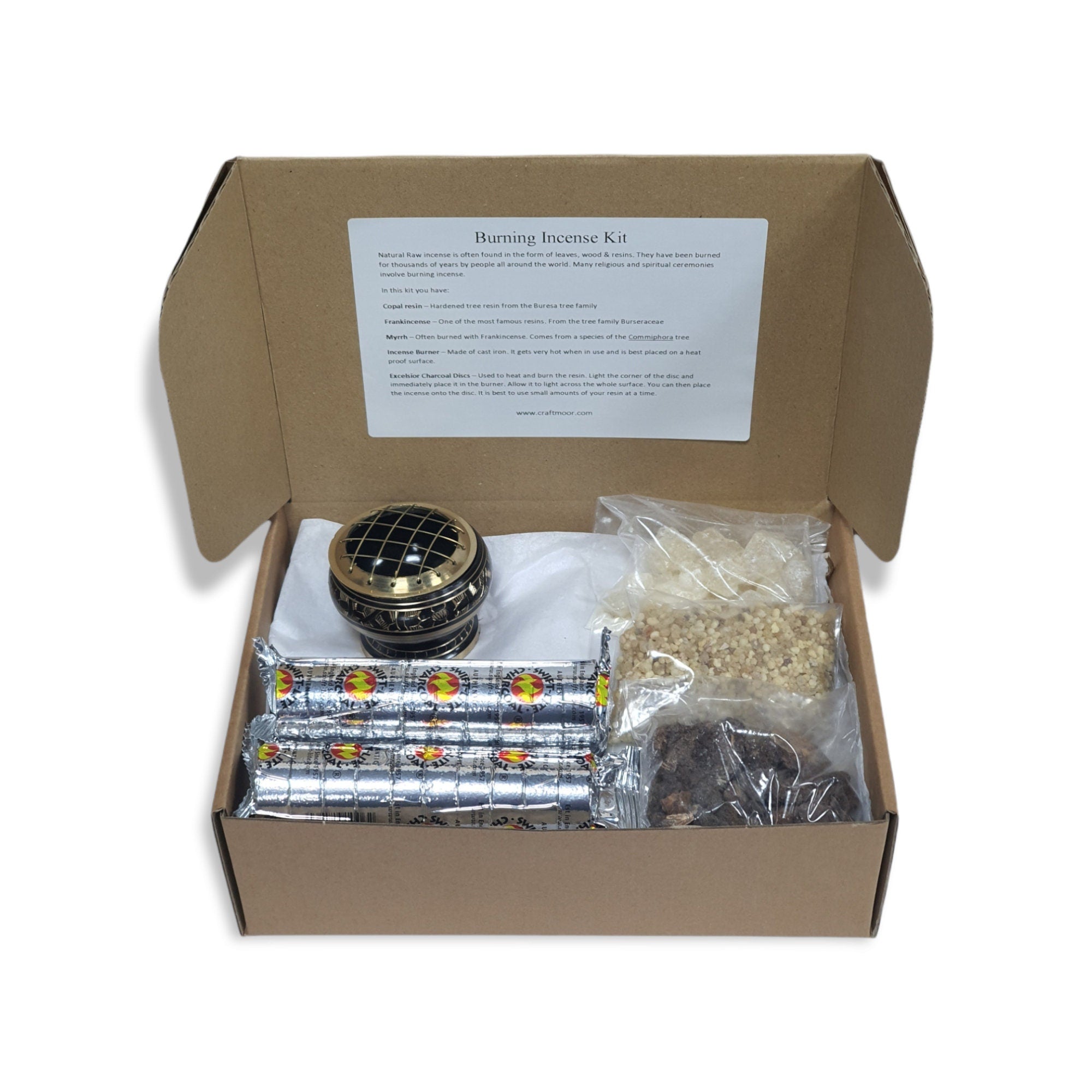 Resin Incense - Natural Copal, Franckincense and Myrrh Resin Incense Burning Kit - Includes Chacoal Discs and Black Brass Burner