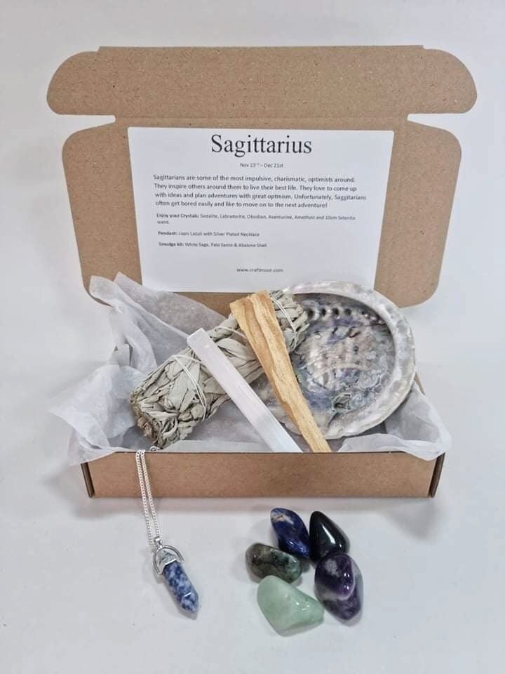 Sagittarius Zodiac Crystals, Pendant & Smudge Gift Set