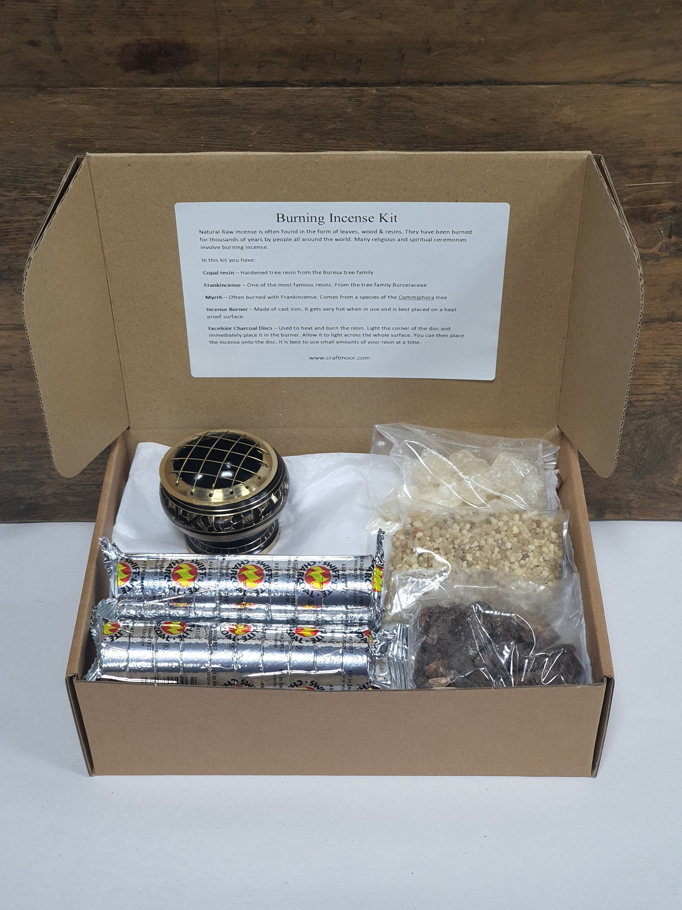 Resin Incense - Natural Copal, Franckincense and Myrrh Resin Incense Burning Kit - Includes Chacoal Discs and Black Brass Burner