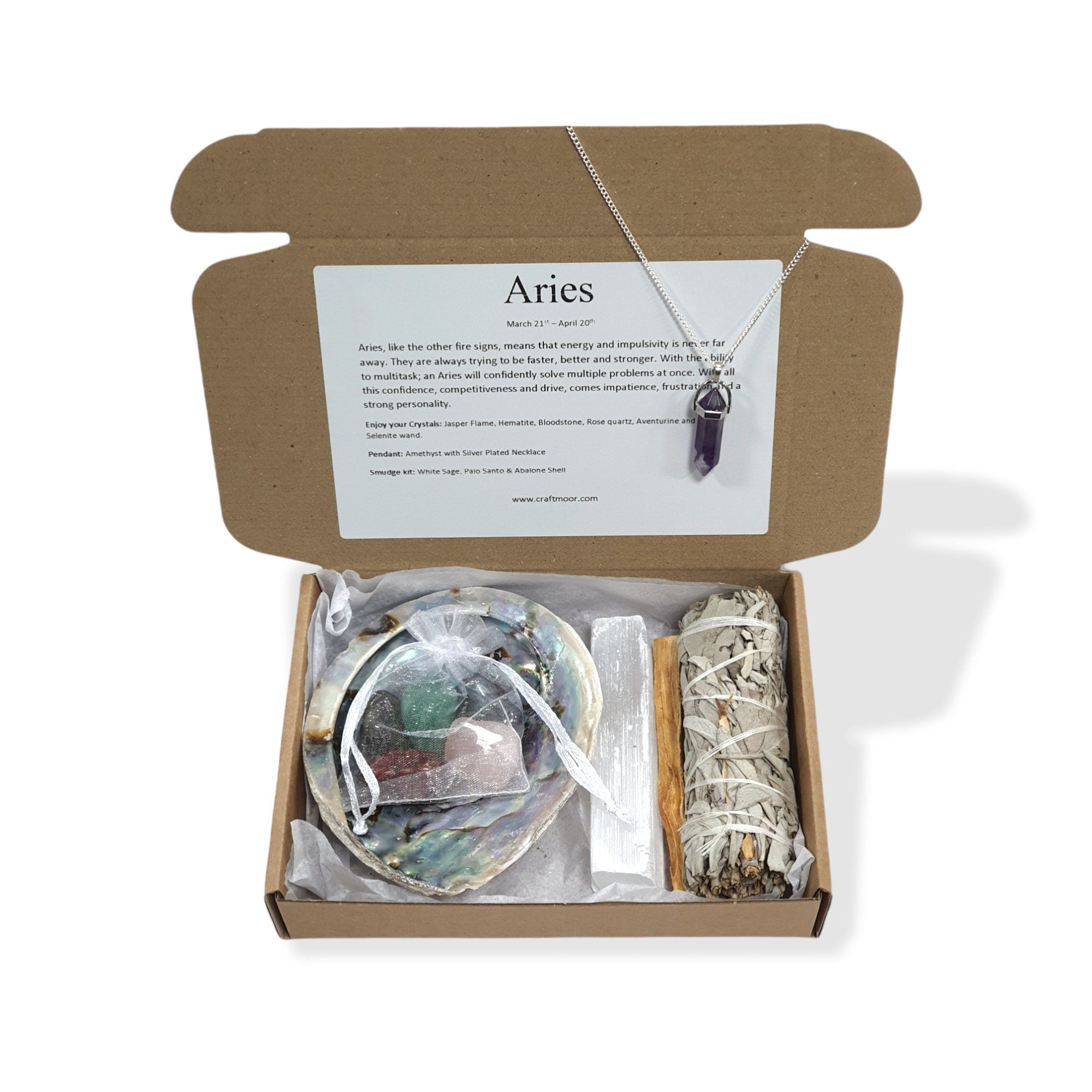 Aries Zodiac Crystals, Pendant and Smudge Gift Set